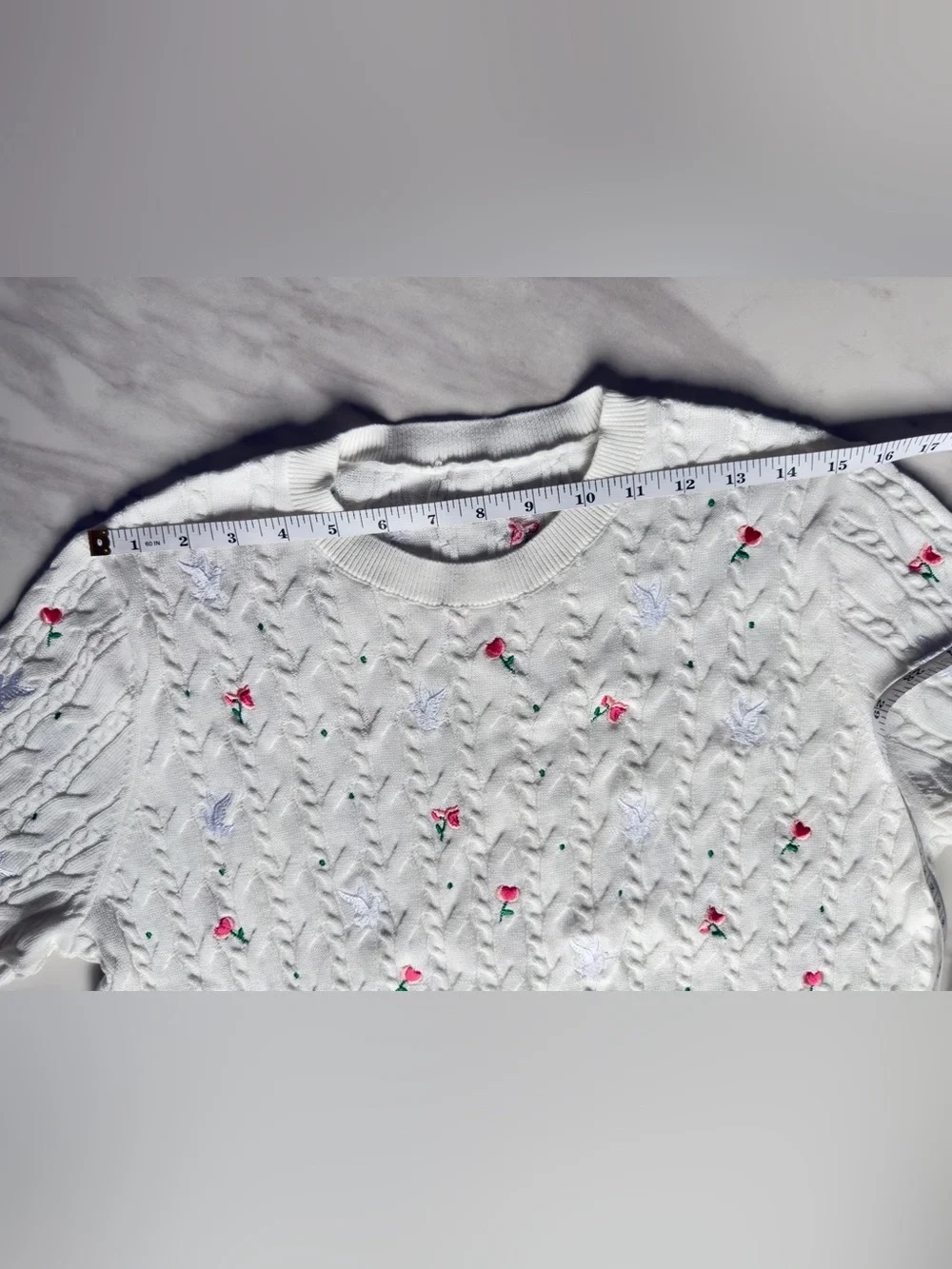 Dior White Short Sleeve Cable Knit Tee with Rose and Pigeon Embroidery - Picture 4 of 8